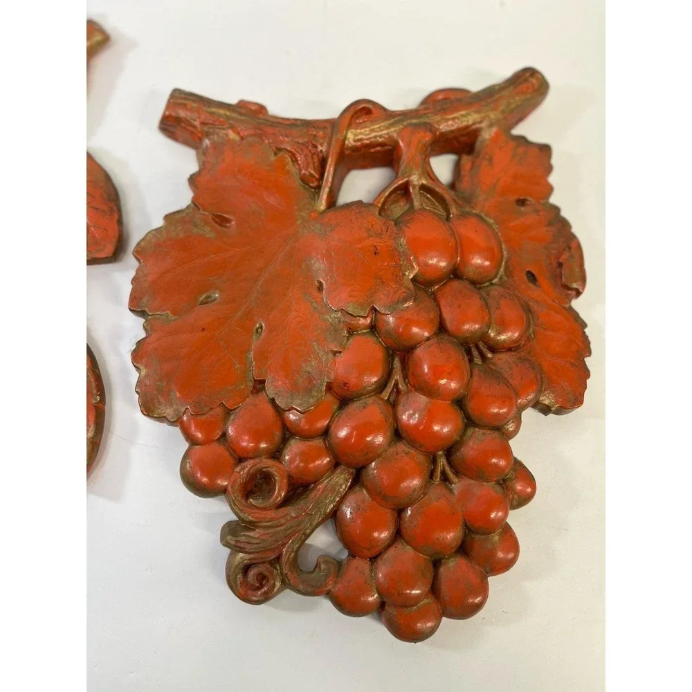 Pair Of Vintage Chalk Ware Wall Hangings Grapes & Apples Red